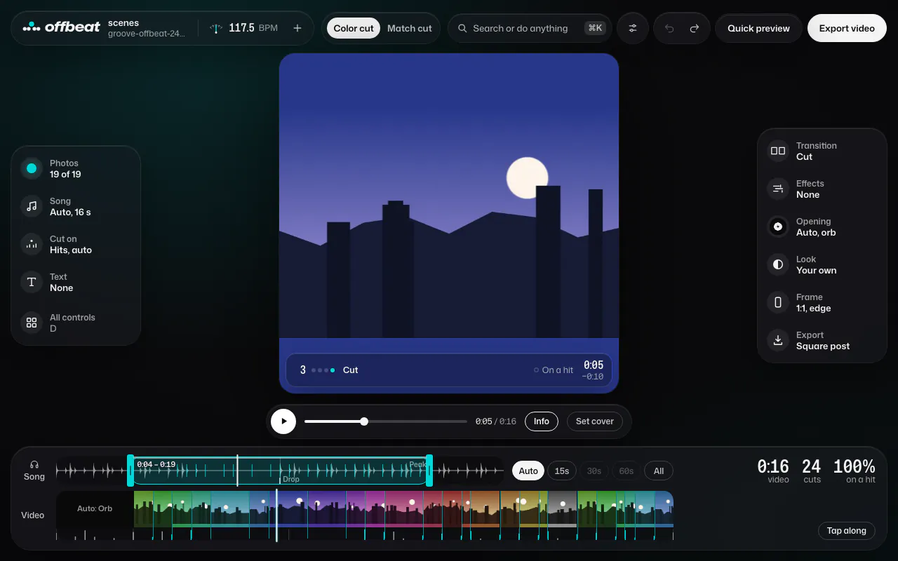 Offbeat’s editor. A photo of a moon over dark towers fills the preview, the settings run down both sides, and the timeline at the bottom shows the song’s waveform above the photos in colour order.