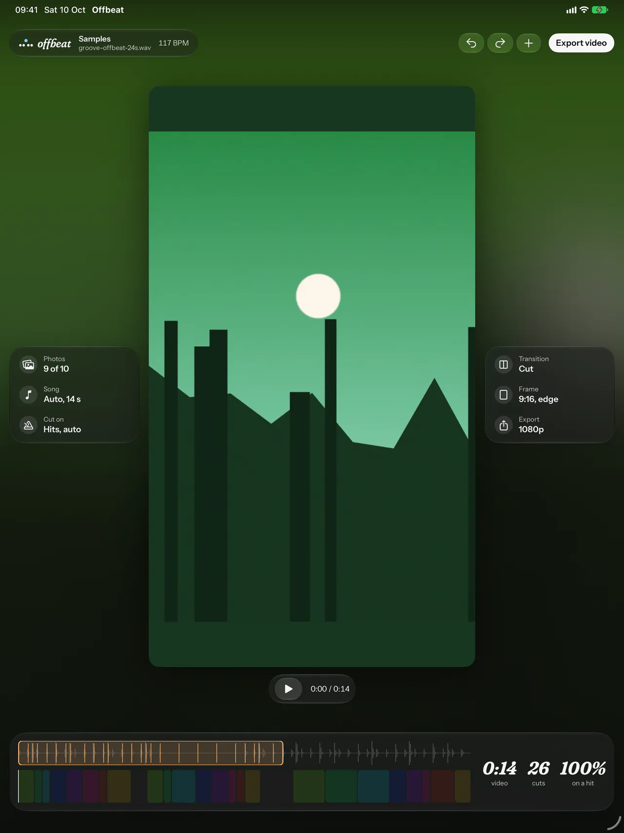 Offbeat on iPad: a green photo of towers and a moon in the preview, a few settings on either side, and the timeline below.